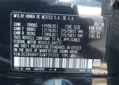 2016 Honda Hr-V Ex-L from USA, damaged, VIN 3CZRU6H73GM734309